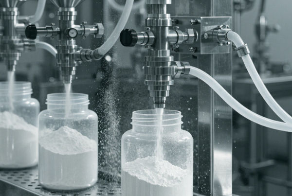 Automated manufacturing equipment filling supplement powder into containers during production and packaging
