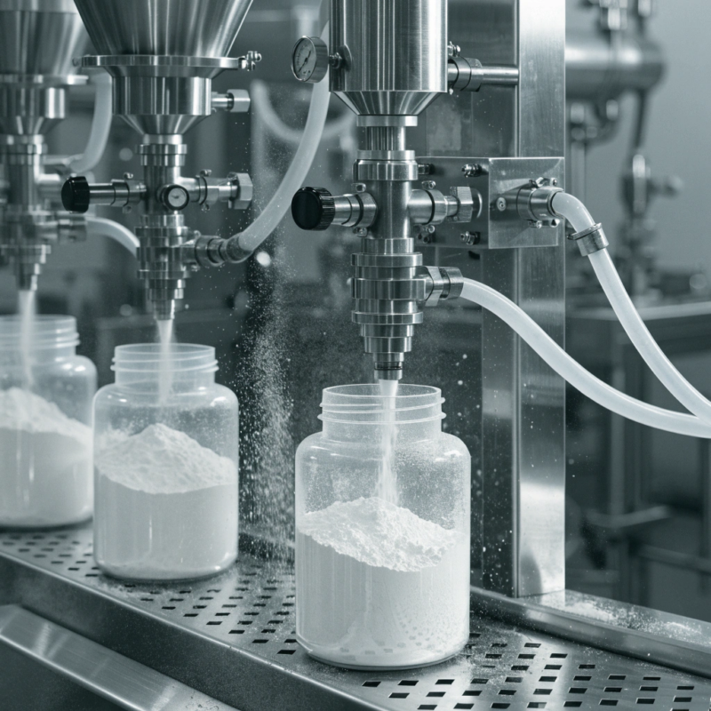 Automated manufacturing equipment filling supplement powder into containers during production and packaging