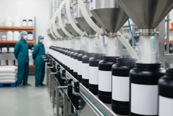 Supplement production facility using automated equipment for quality-controlled packaging and manufacturing