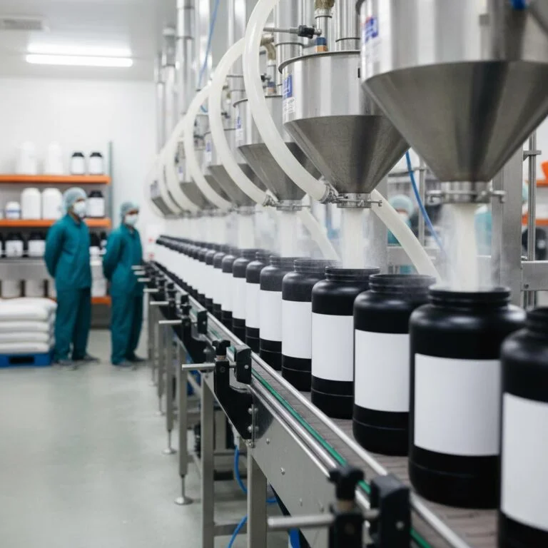 Supplement production facility using automated equipment for quality-controlled packaging and manufacturing