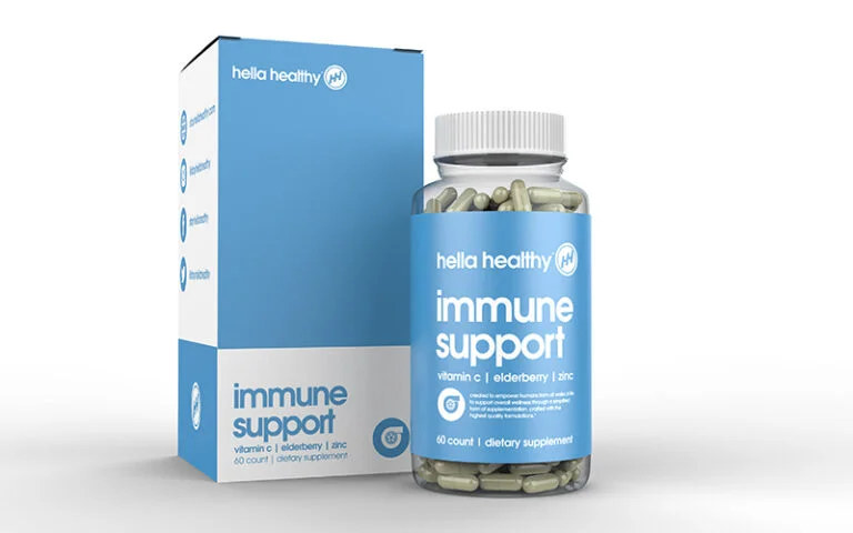 Immune support dietary supplement bottle and packaging with vitamin C, elderberry, and zinc