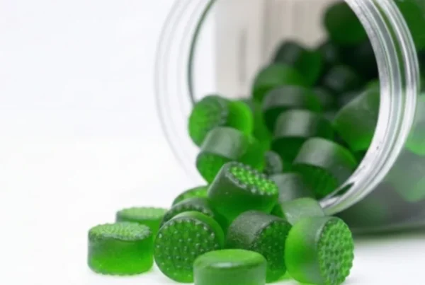 Green superfood gummies in a supplement bottle for private label gummy manufacturing