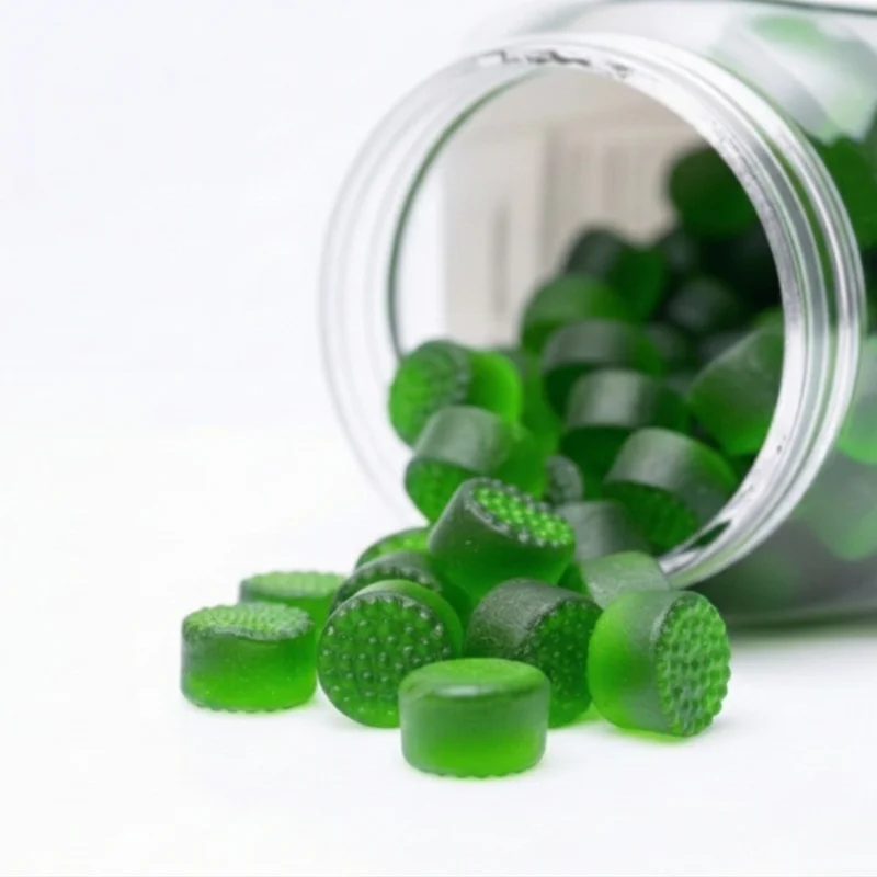 Green superfood gummies in a supplement bottle for private label gummy manufacturing
