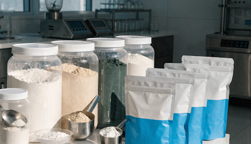Bulk nutritional supplement powders and raw ingredients packaged for custom supplement manufacturing