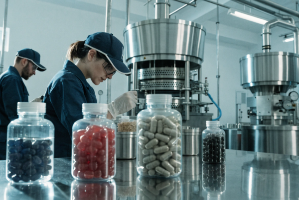 Technicians packaging capsule supplement bottles on an automated manufacturing line in a GMP-certified facility