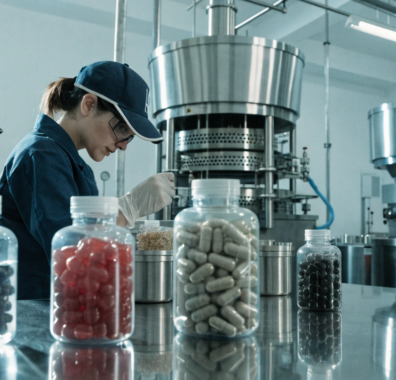 Technicians packaging capsule supplement bottles on an automated manufacturing line in a GMP-certified facility