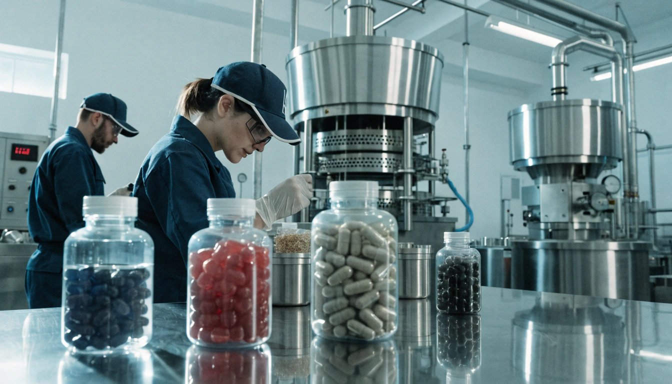 Technicians packaging capsule supplement bottles on an automated manufacturing line in a GMP-certified facility