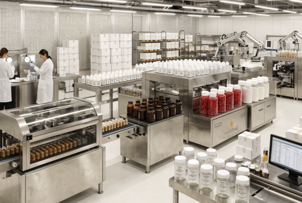 Private label supplement manufacturing facility with automated production lines, quality control testing, supplement bottles, capsules, and packaging operations in a GMP-compliant environment.
