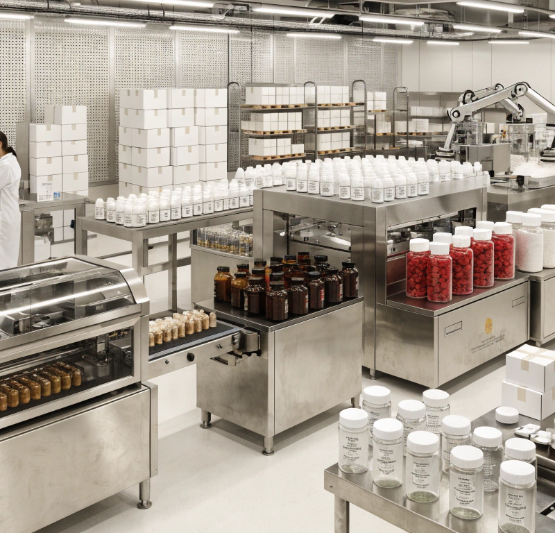 Private label supplement manufacturing facility with automated production lines, quality control testing, supplement bottles, capsules, and packaging operations in a GMP-compliant environment.