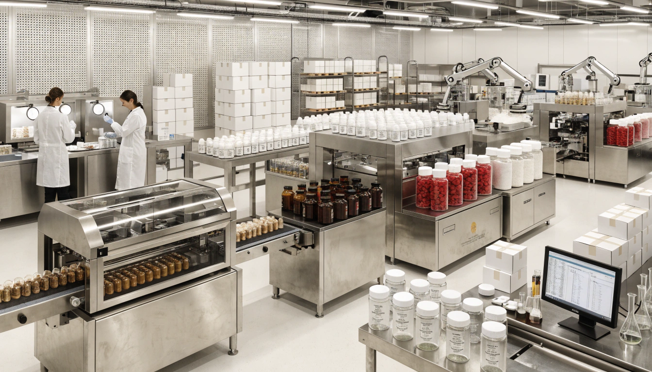 Private label supplement manufacturing facility with automated production lines, quality control testing, supplement bottles, capsules, and packaging operations in a GMP-compliant environment.