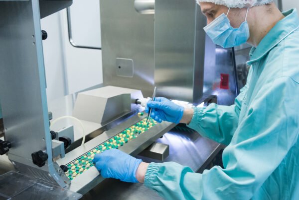 Quality control technician inspecting capsules on a supplement manufacturing production line in a sterile facility.