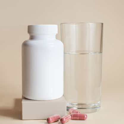 White supplement bottle with capsules beside a glass of water on a neutral surface.