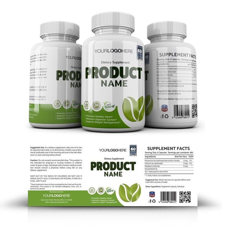 Supplement bottles showcasing professional supplement label design and printing with product and Supplement Facts labels.