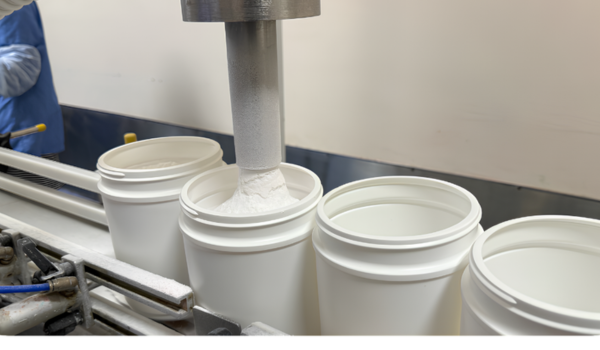 White supplement containers being filled with powder on a production line, with a worker and industrial equipment visible in the background.