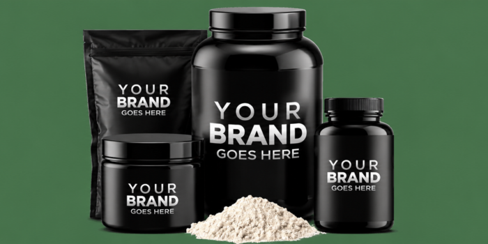 Black supplement containers and pouches labeled “YOUR BRAND GOES HERE,” arranged with a mound of white powder on a green background.