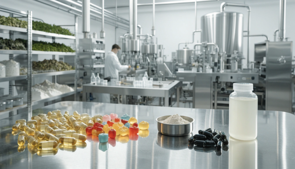 Modern supplement manufacturing facility with capsules, gummies, softgels, powder, and liquid supplements on a stainless-steel production surface.