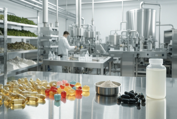 Modern supplement manufacturing facility with capsules, gummies, softgels, powder, and liquid supplements on a stainless-steel production surface.