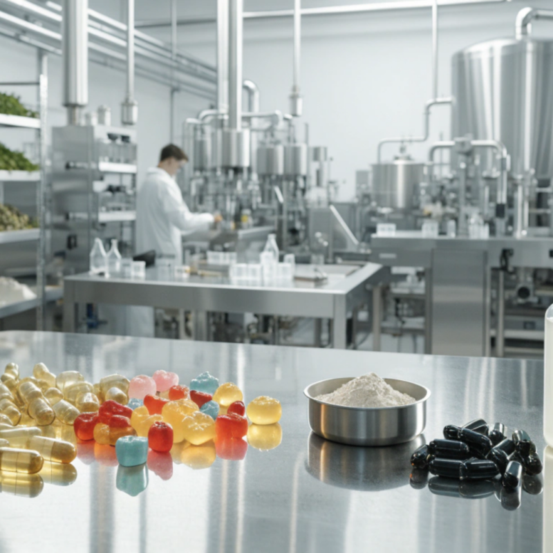Modern supplement manufacturing facility with capsules, gummies, softgels, powder, and liquid supplements on a stainless-steel production surface.