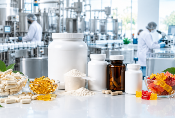 Supplement manufacturing facility featuring supplement bottles, capsules, softgels, protein powder, and gummy supplements in a modern quality-controlled production environment.