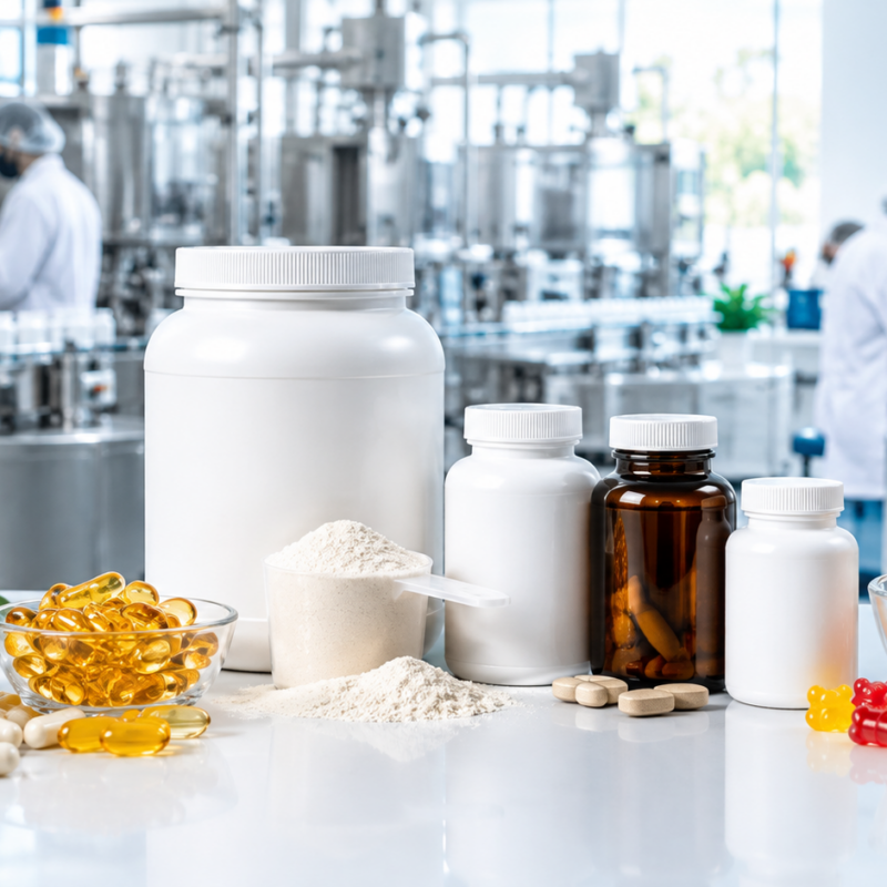 Supplement manufacturing facility featuring supplement bottles, capsules, softgels, protein powder, and gummy supplements in a modern quality-controlled production environment.