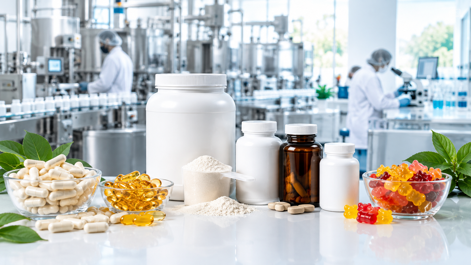 Supplement manufacturing facility featuring supplement bottles, capsules, softgels, protein powder, and gummy supplements in a modern quality-controlled production environment.