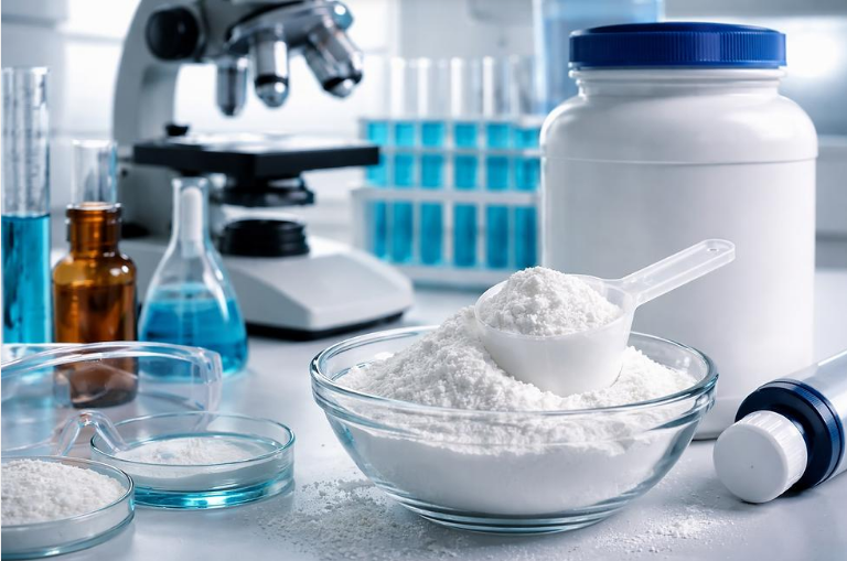 Supplement powder formulation and flavor testing in a laboratory.